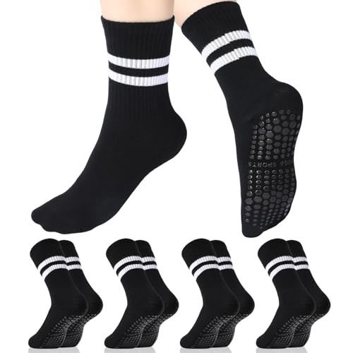 Jspupifip 4 Pairs Women Long Pilates Socks with Grip Non Slip Grip Yoga Socks for Women Cotton Athletic Socks Yoga Pilates Barre Hospital Home Crew Socks, Black | Amazon (US)