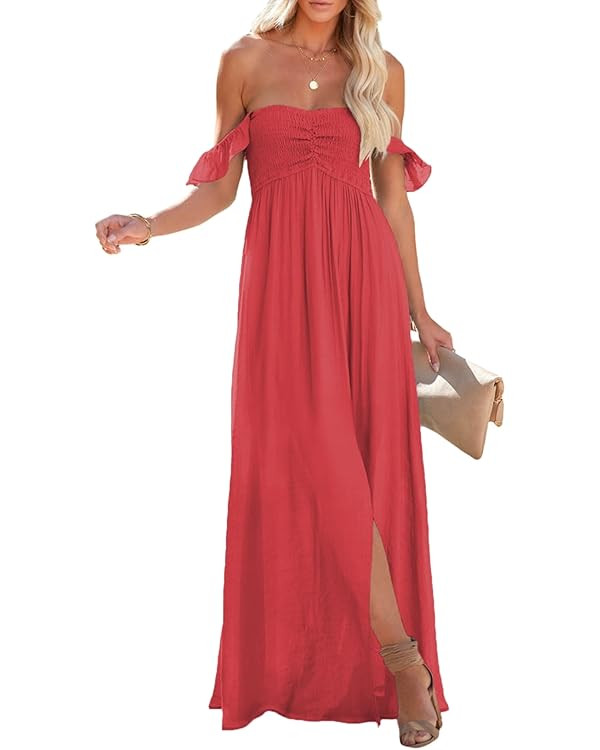 Happy Sailed Women's 2025 Summer Smocked Off The Shoulder Maxi Dresses Ruffle Short Sleeve A Line... | Amazon (US)