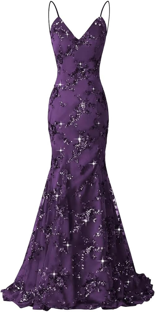 Sequin Applique Mermaid Prom Dresses Spaghetti Straps Tulle Ball Gown V Neck Formal Evening Party... | Amazon (US)