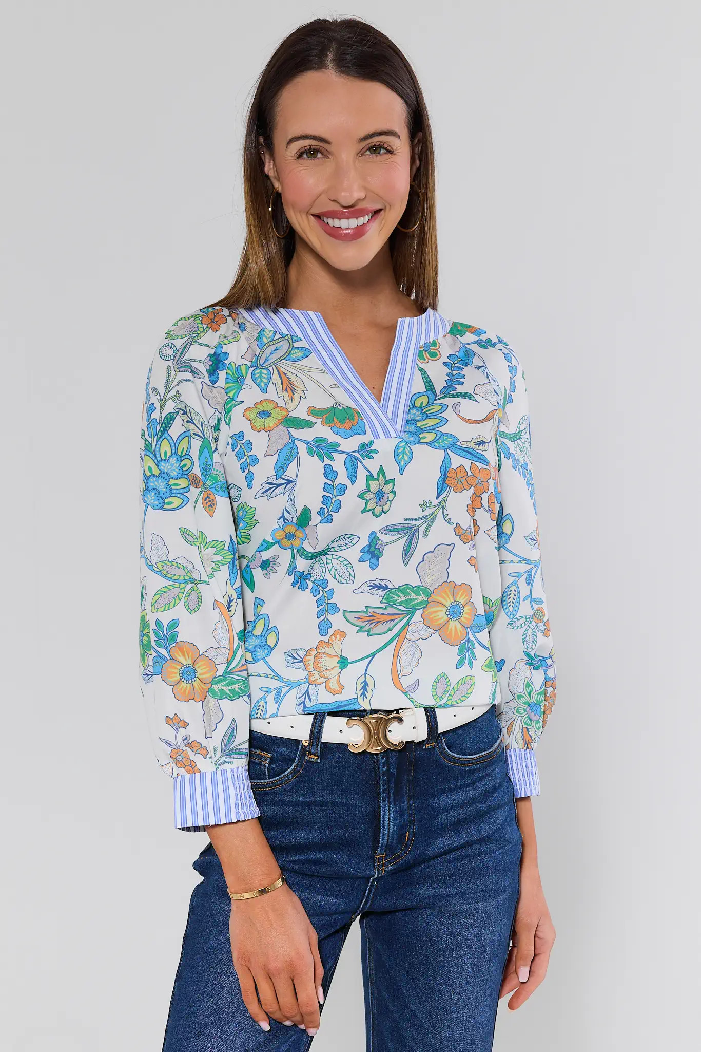 Trinity Floral Print Striped Trim Top | Avara