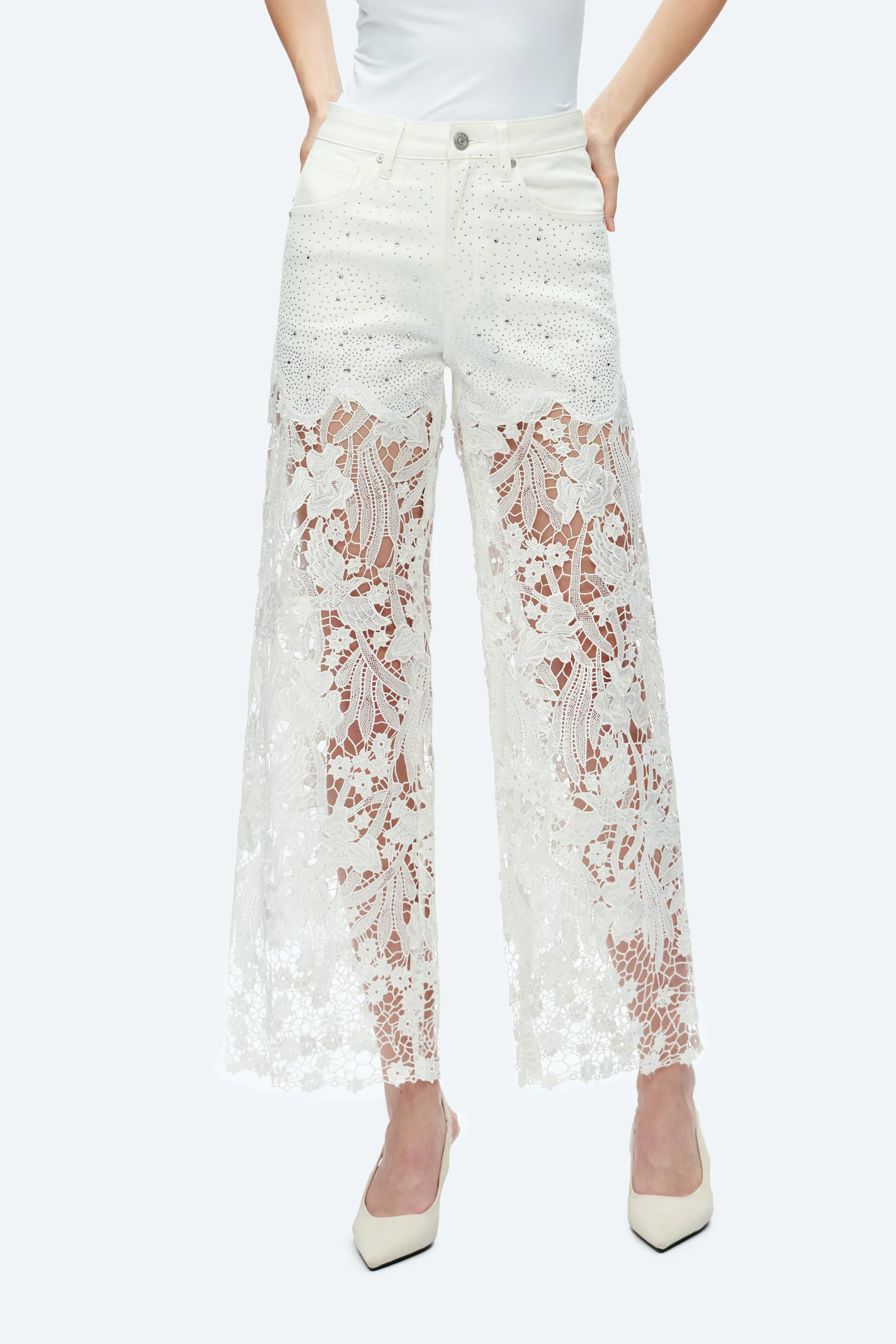 Embroidery High Rise Wide Leg Lace Denim Jeans With Rhinestone WHITE / 30 | Bayeas