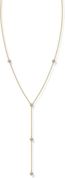 PAVOI 14K Gold Plated Drop Lariat Chain for Women - Cubic Zirconia Long Necklace - Station Star Layered Beaded Y Necklace | Amazon (US)
