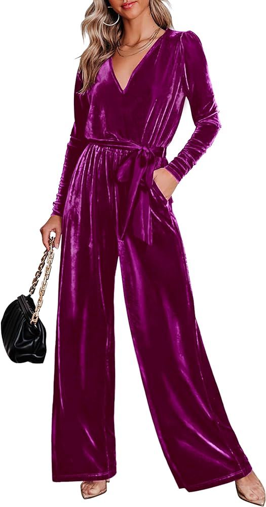 MASCOMODA 2023 Velvet Long Sleeve Wide Leg Jumpsuits for Women Dressy V Neck Belted Romper One Pi... | Amazon (US)