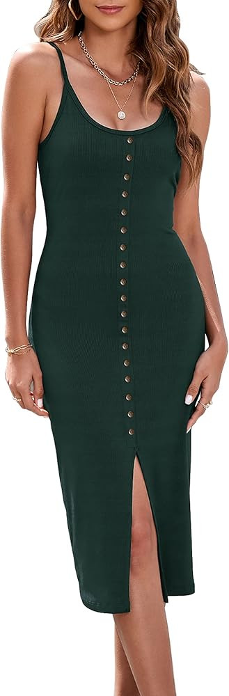 Raikamitu Womens 2023 Summer Casual Spaghetti Straps Button Down Ribbed Dress Knit Bodycon Beach ... | Amazon (US)