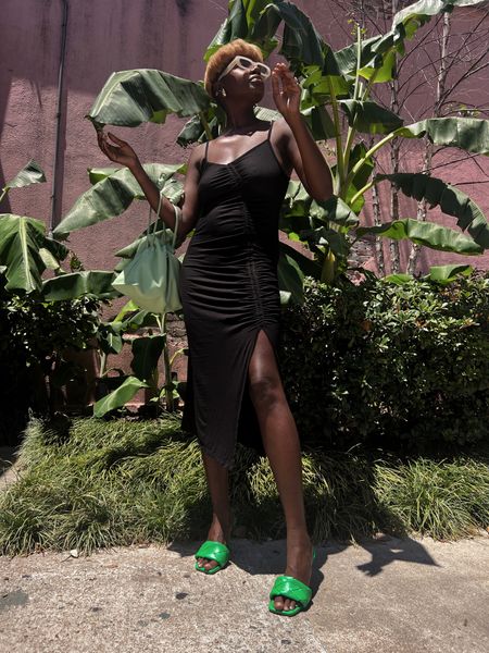 The perfect LBD for vacation! Black ruched spaghetti strap dress with green mule heels  

#LTKtravel #LTKunder100 #LTKshoecrush