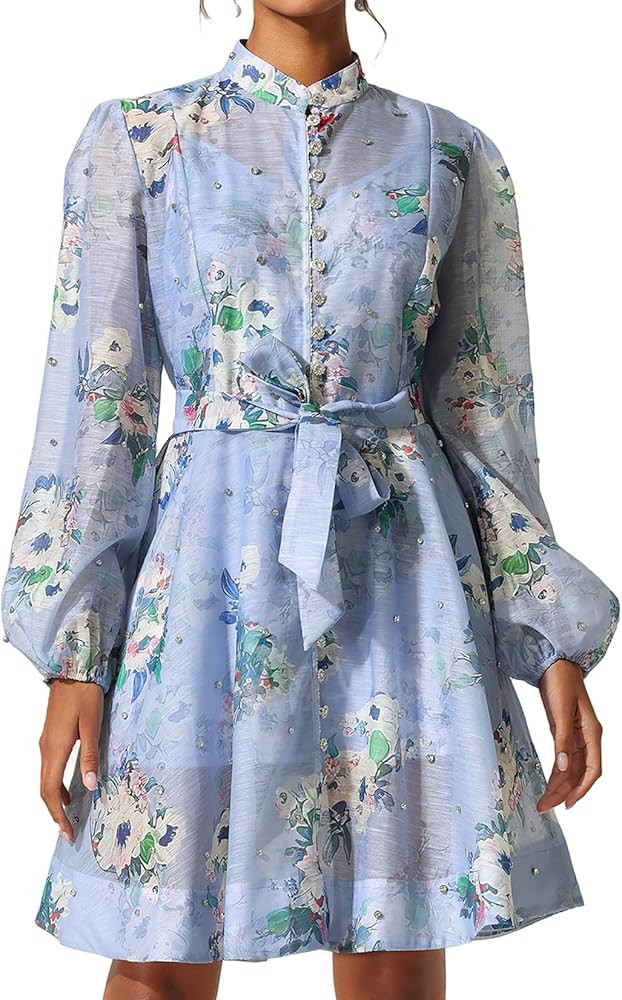 Delicate Light Blue Floral Printed Chiffon Puff Sleeve Mock Neck Garden Party Dress | Amazon (US)