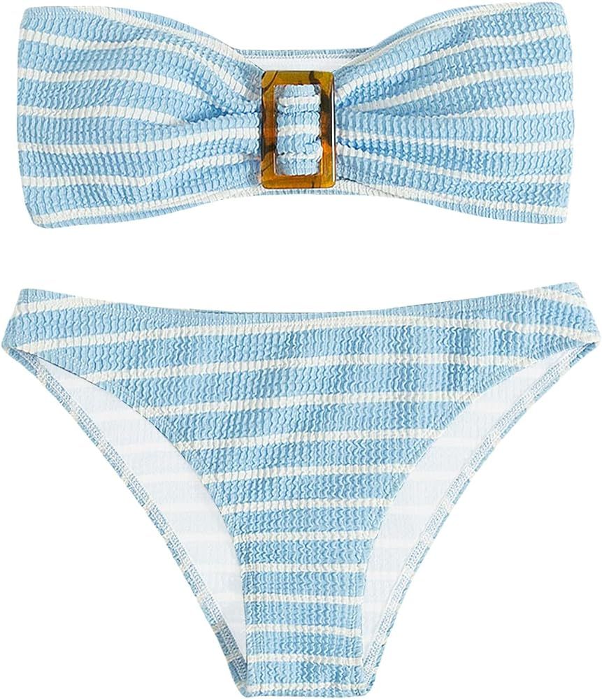 GORGLITTER Women's 2 Piece Striped Swimsuit Strapless Bandeau High Waisted Thong Bikini Set Bathing  | Amazon (US)