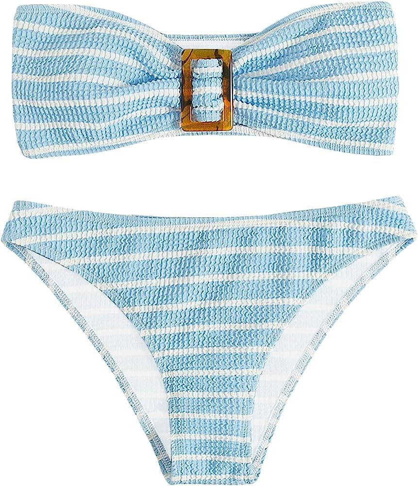 GORGLITTER Women's 2 Piece Striped Swimsuit Strapless Bandeau High Waisted Thong Bikini Set Bathing  | Amazon (US)