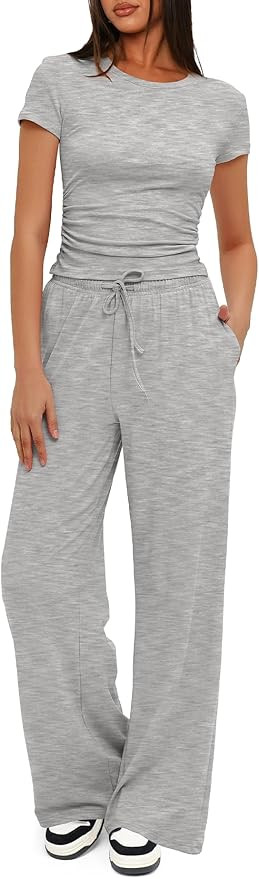 Darong Women's 2 Piece Summer Outfits Lounge Sets Side Ruched Short Sleeve Crop Top & Wide Leg Pa... | Amazon (US)