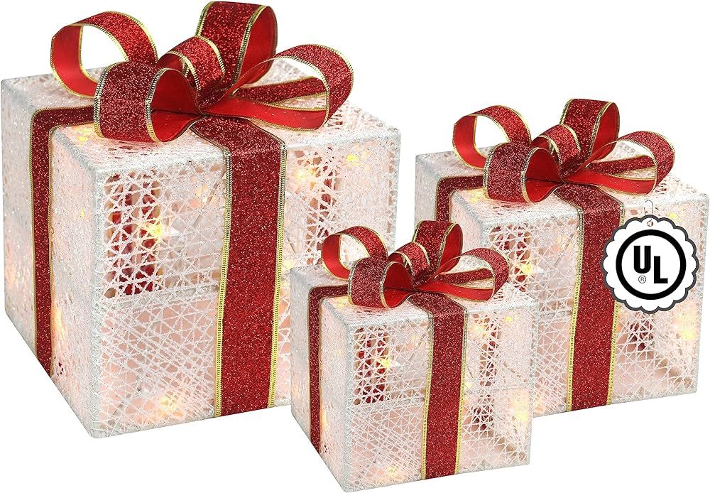 Set of 3 Lighted Gift Boxes Christmas Decoration - Pre-Lit Present with Ribbons and Bows - Light ... | Amazon (US)