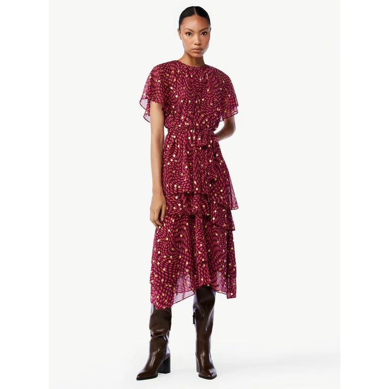 Scoop Women's Tie Waist Midi Dress with Ruffle Sleeves | Walmart (US)