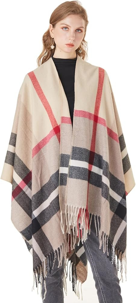 Women's Plaid Shawl Wrap Winter Warm Cardigan Open Front Poncho Cape | Amazon (US)