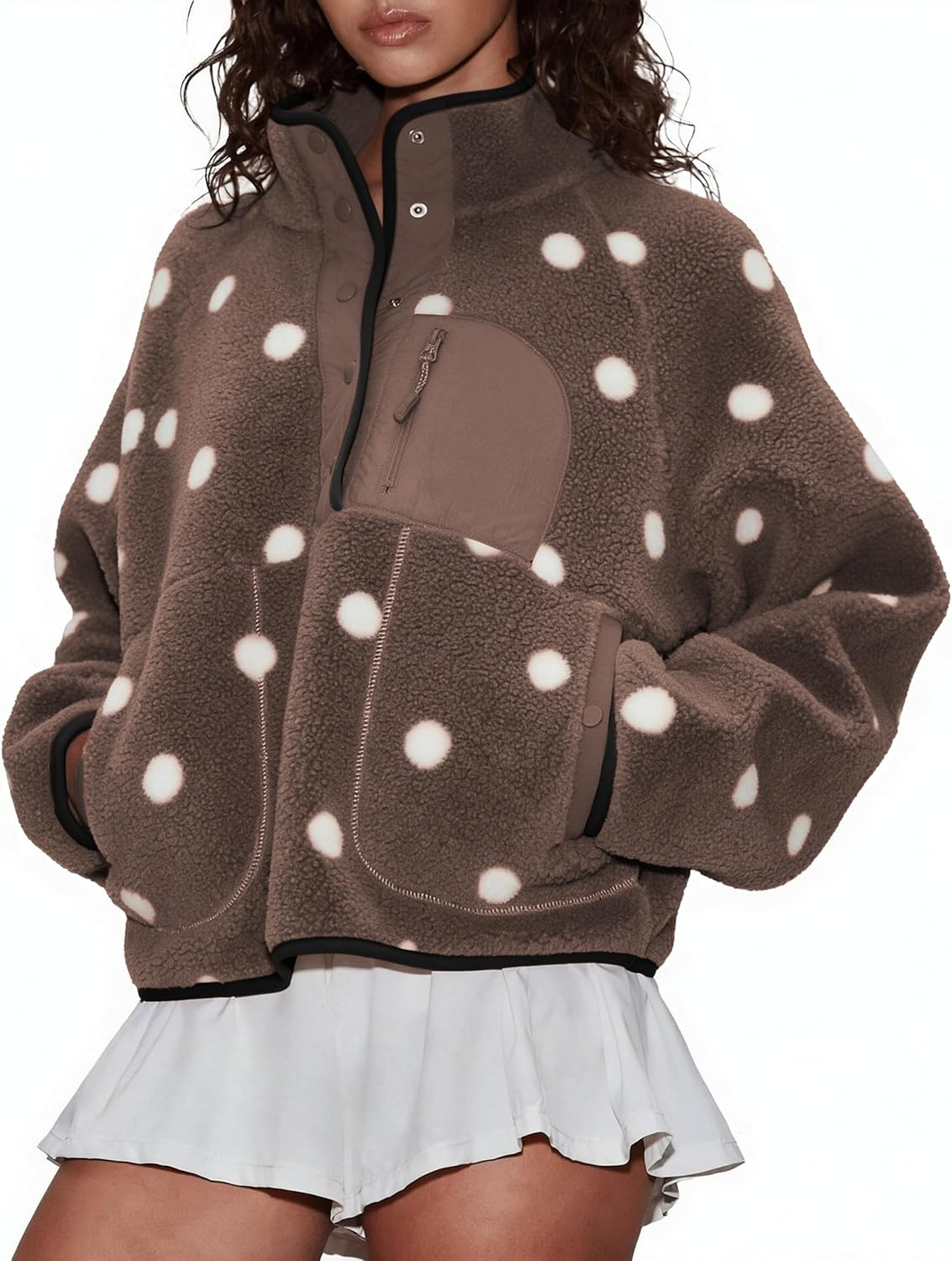 Womens Polka Dot Sherpa Fleece Pullover Jacket Fuzzy Sweatshirts | Amazon (US)