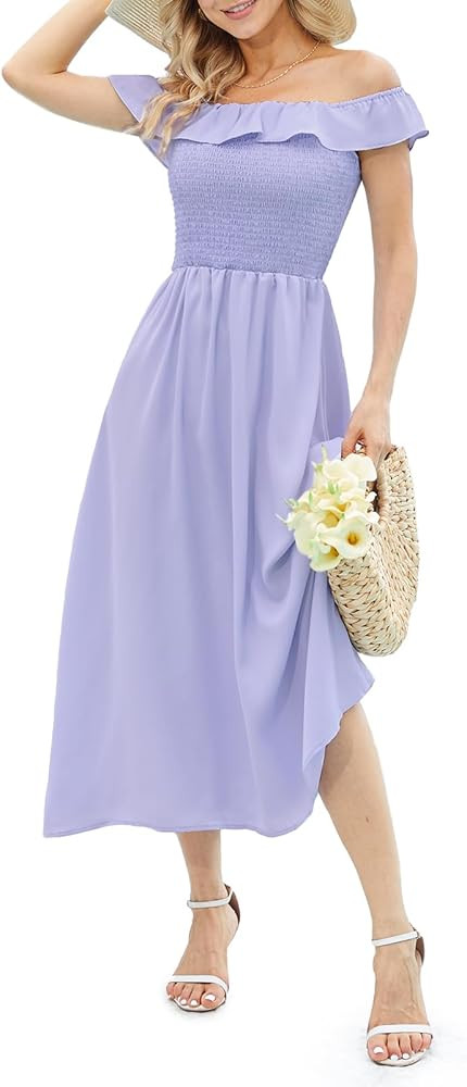 DRESSTELLS Women Casual Dresses, Summer Smocked Maxi Dresses 2023 Trendy, Off Shoulder Boho Sundr... | Amazon (US)