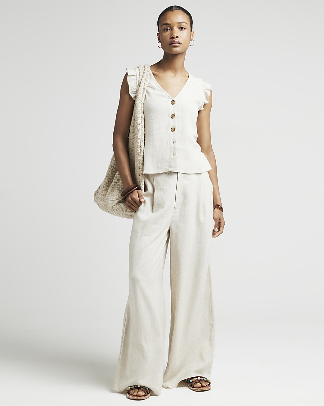 Beige linen blend wide leg trousers | River Island (UK & IE)