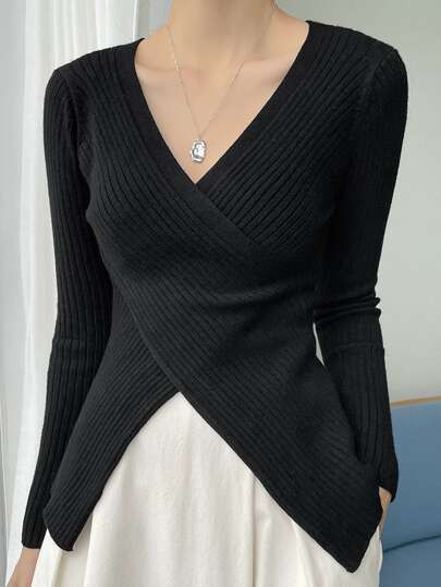 DAZY Wrap Cross Asymmetrical Hem Ribbed Knit Jumper | SHEIN