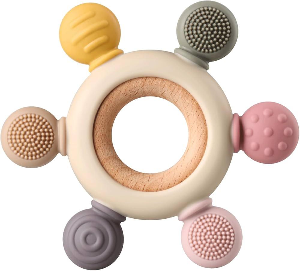 Baby Teething Toys, Silicone Chewable Toys with Organic Wooden Ring for Infants 3+ Months, Silico... | Amazon (US)