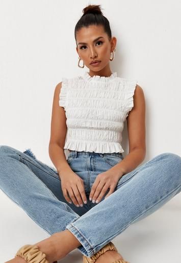 White Poplin Smocked High Neck Crop Top | Missguided (US & CA)