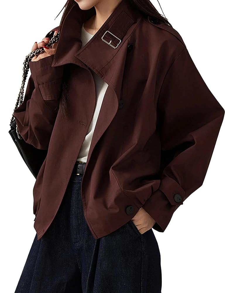 Jackets for Women Trendy Vintage Trench Coat Turtleneck Crop Jackets with Pockets | Amazon (US)