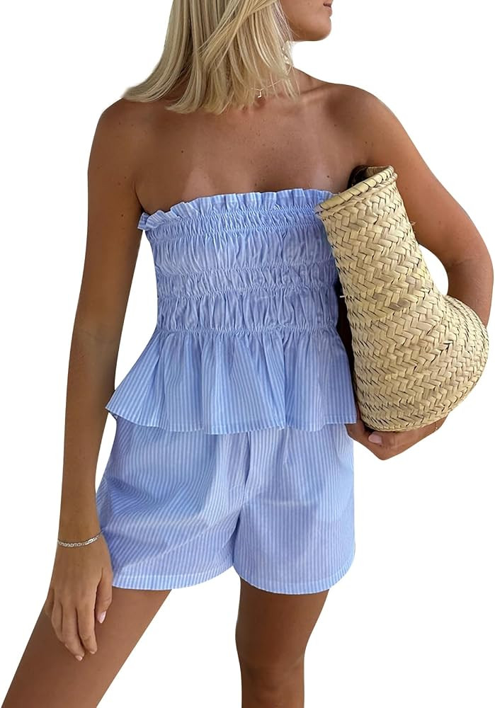 Yuemengxuan Women Sexy Summer Outfits Set 2 Piece Striped Pajamas Set Sleeveless Bandeau Tube Top... | Amazon (US)