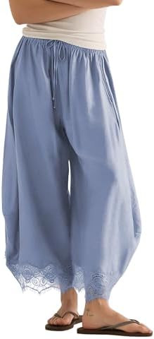 Women's Cropped Lace-Hem Pants High Waisted Drawstring Wide Leg Pants Casual Lightweight Trousers... | Amazon (US)