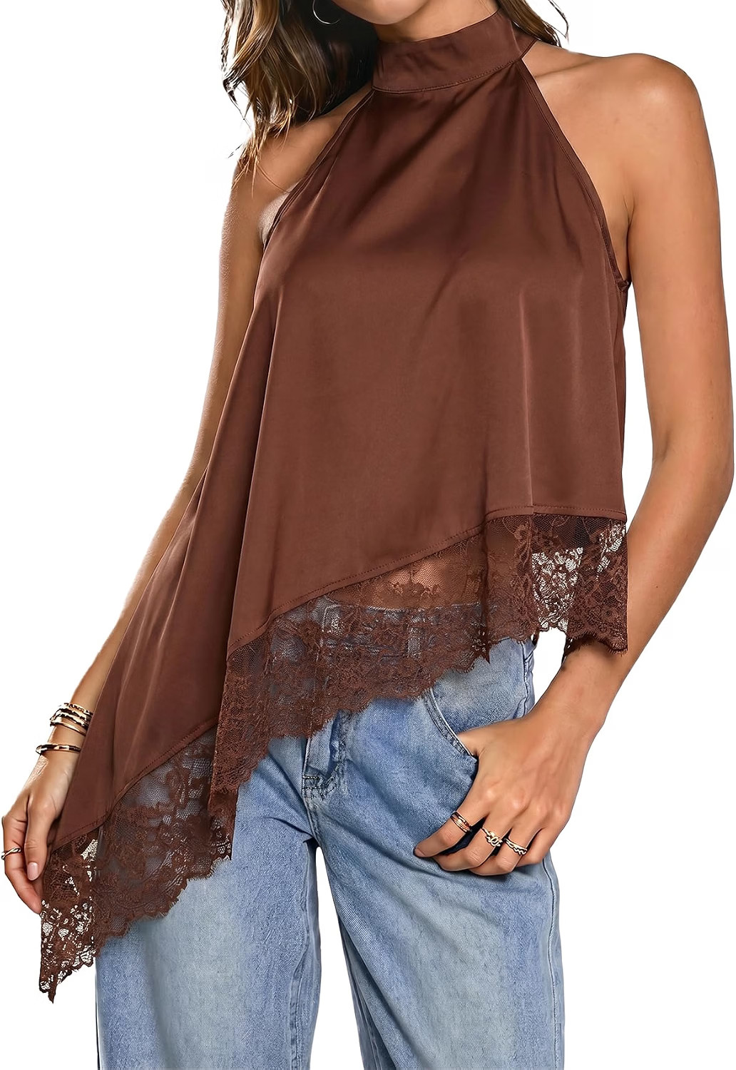 KASBAH Women's Lace Asymmetrical Tops Satin Halter Neck Top for Going‑Out | Amazon (US)