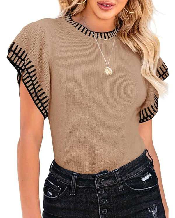 Saodimallsu Womens Short Sleeve Sweaters Tops Summer Ruffle Striped Loose Crew Neck Lightweight S... | Amazon (US)