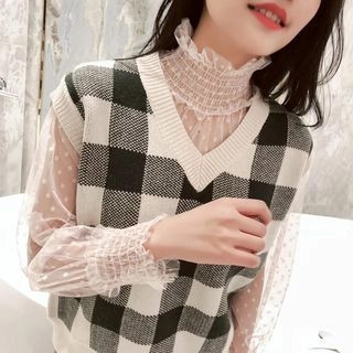 Long-Sleeve Frill Trim Polka Dot Lace Top | YesStyle Global