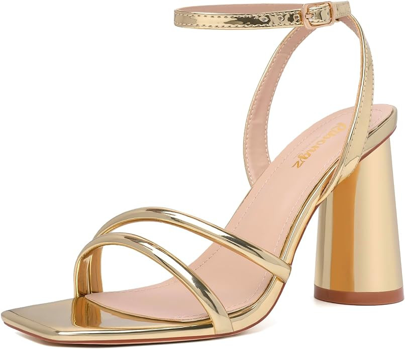 RIBONGZ Block Heels Prom Heeled Sandals for Women Chunky Square Open Toe Strappy High Heels Ankle... | Amazon (US)