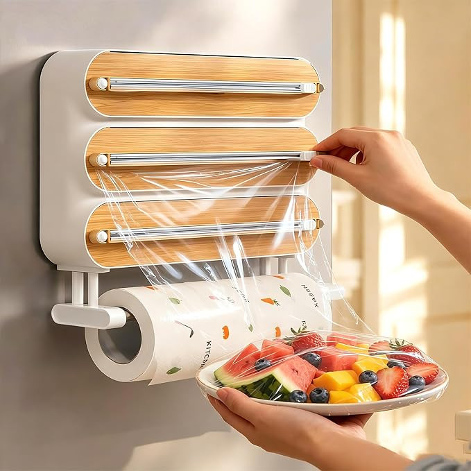 4 in 1 Plastic Wrap Dispenser with Cutter,Wooden Aluminum Foil Organizer | Magnetic Holder with K... | Amazon (US)