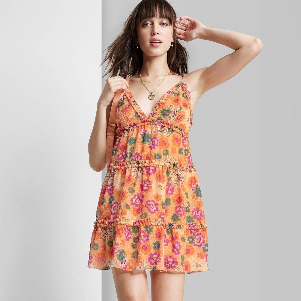 Women's Sleeveless Tiered Babydoll Dress - Wild Fable Peach Orange Floral XXL | Target