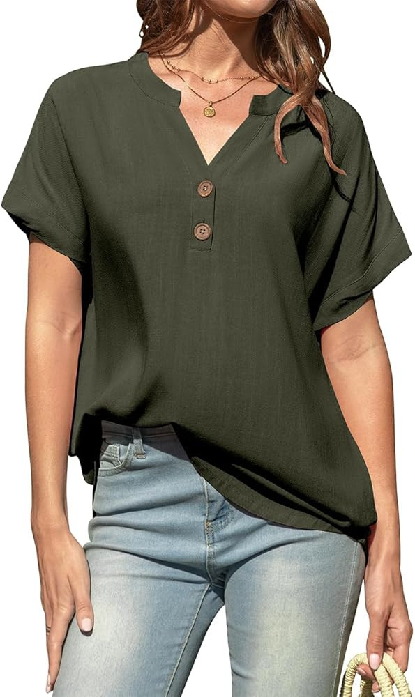 TARSE Women Linen Short Sleeve Henley Tops V Neck Blouse Casual Summer Trendy Tee Shirts 2026 Vac... | Amazon (US)
