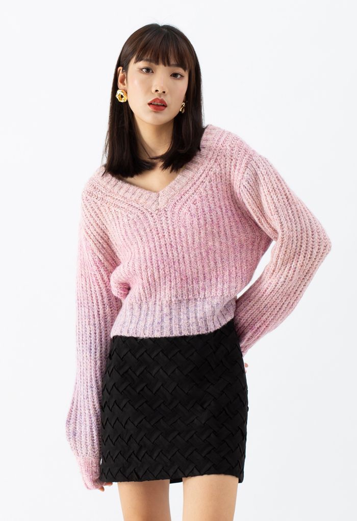Ombre V-Neck Knit Sweater in Pink | Chicwish