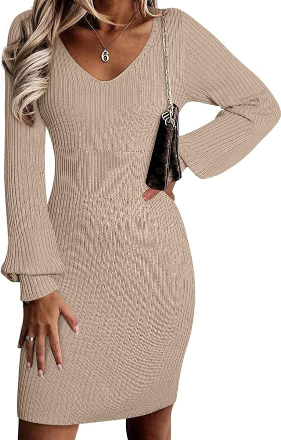 Sidefeel Womens 2023 Winter Ribbed Knit Sweater Dress Casual Long Sleeve Fall Dresses Sexy V Neck... | Amazon (US)