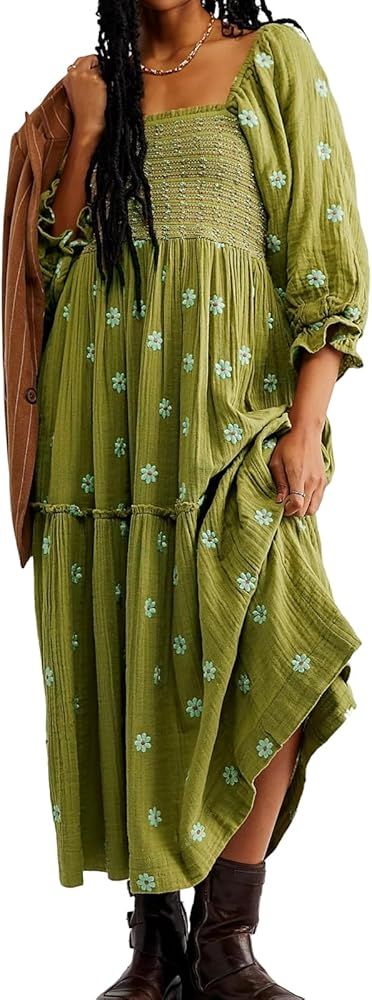 Womens Puff Sleeve Dress Cottagecore Floral Print Flowy Square Neck Maxi Dresses Smocked Tiered R... | Amazon (US)