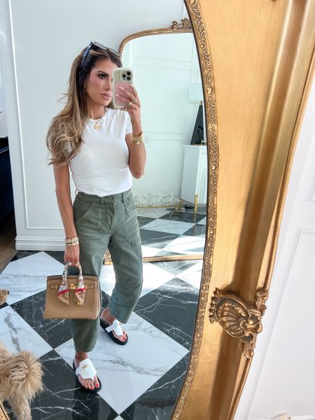 Wearing a size 24 in pants and size small in t shirt  
Spring fashion, summer fashion, cargo pants, army green pants, white tee, Hermes, Celine sunglasses, casual outfit, Emily Ann Gemma 

#LTKstyletip