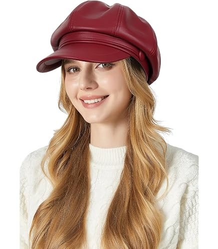 Women PU Leather Newsboy Cap Vintage Military Flat Top Beret Style Hat | Amazon (US)