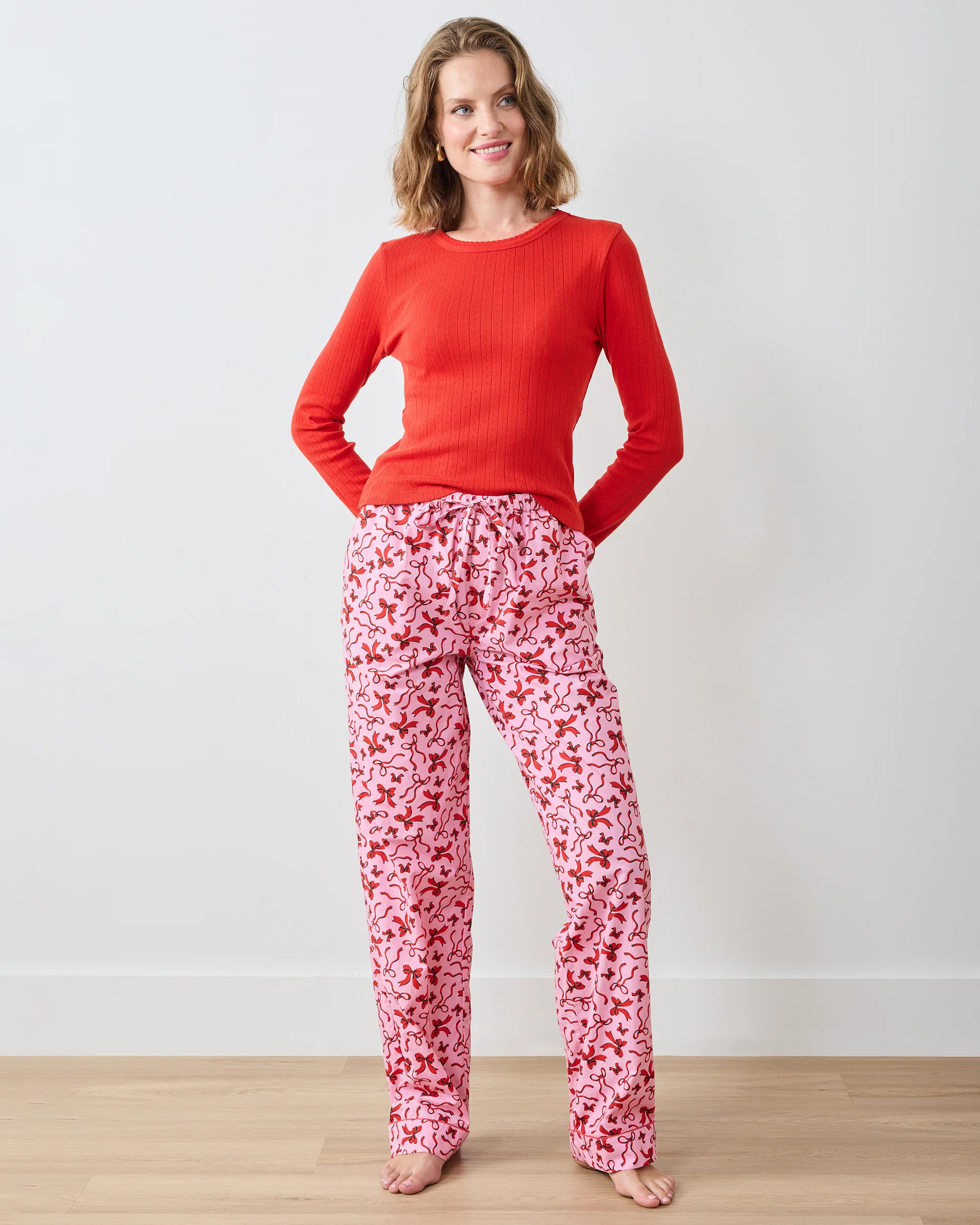 Printfresh Women's Petite Organic Cotton Pajama Pants in Pink Red Ribbons | Printfresh