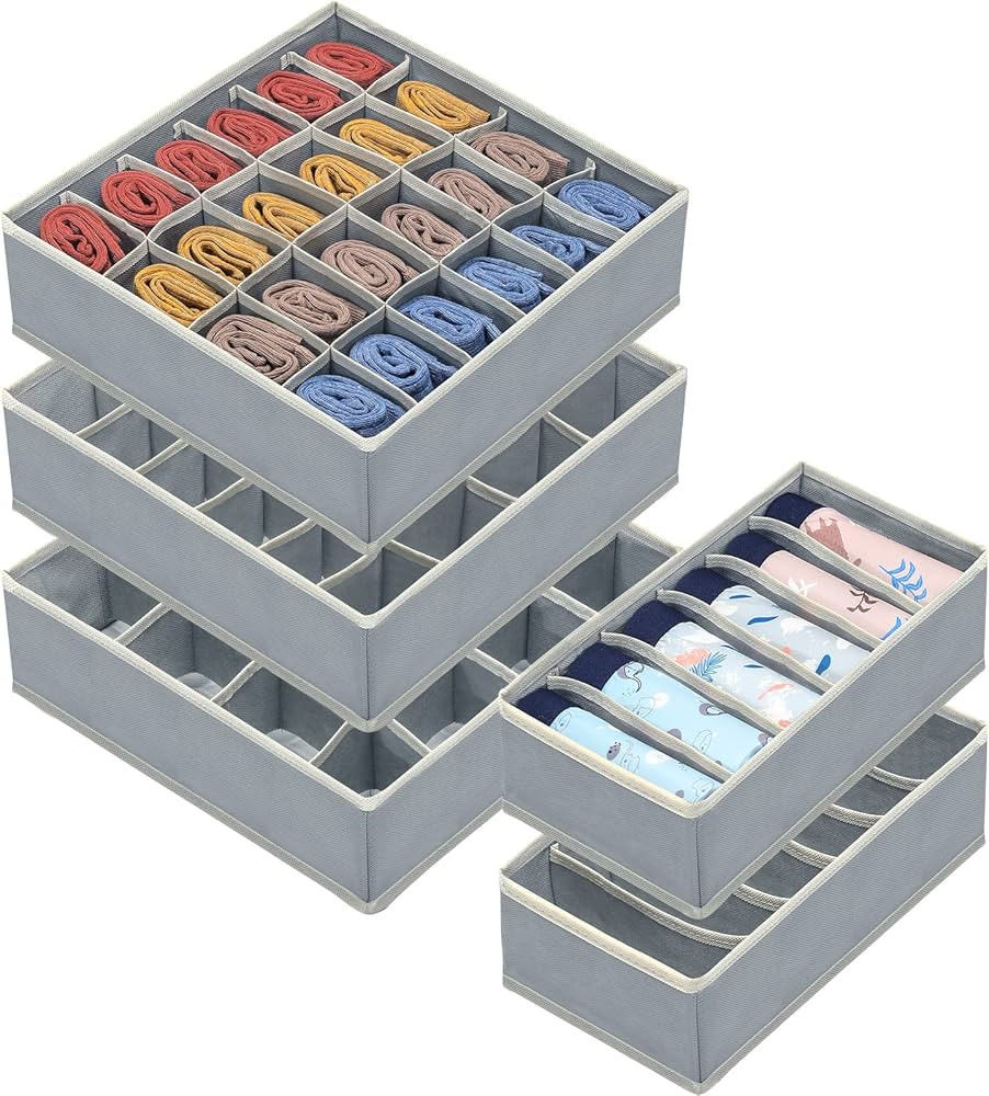 5 Pack Sock Underwear Organizer Drawer Dividers, Foldable Fabric Dresser Closet Organizers Box, B... | Amazon (US)