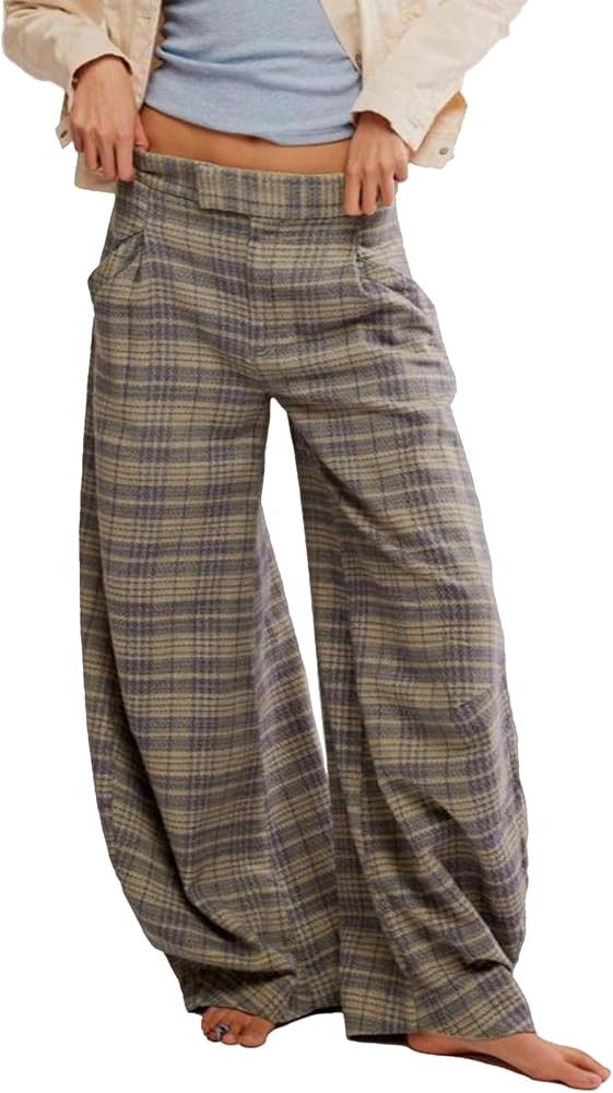Kedera Women's Plaid Wide Leg Pants High Waisted Baggy Trousers Work Slacks | Amazon (US)