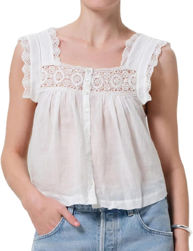 Women Lace Eyelet Tank Top Square Neck Ruffle Peplum Cami Top Lace Trim Embroidery Sleeveless Tan... | Amazon (US)