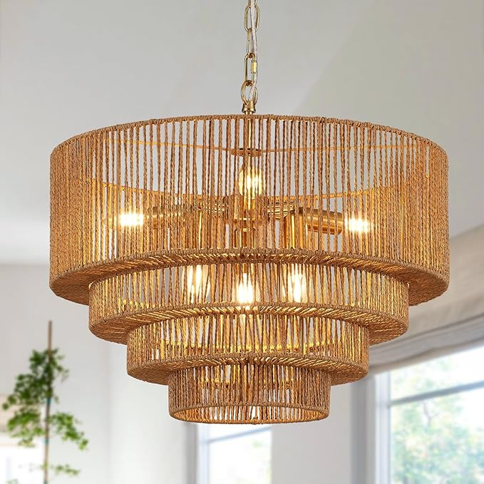 19.7" Hand-Woven Rattan Chandelier Vintage Farmhouse 6-Lights Boho Bamboo Chandeliers Light Fixtu... | Amazon (US)