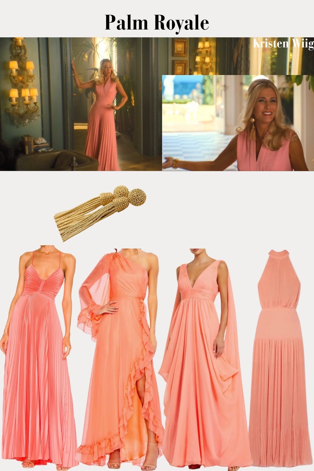 Maxine Simmons Outfit 4 Episode 3 - Maxine in a peach jumpsuit with palazzo pants and gold tassel earrings.