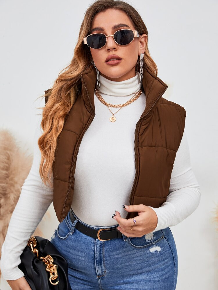 Plus Zip Up Sleeveless Puffer Coat | SHEIN