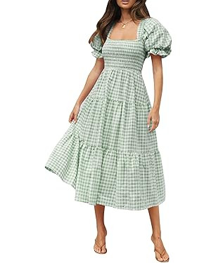 ZESICA Women's 2023 Bohemian Summer Plaid Square Neck Puff Sleeve Ruffle Flowy Beach Midi Dress | Amazon (UK)