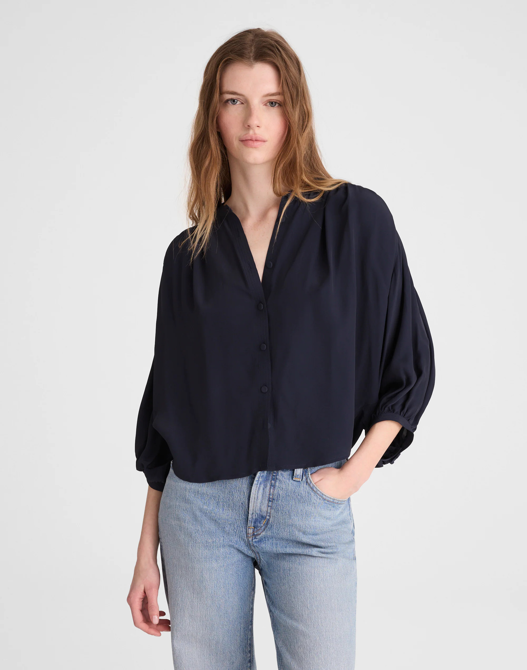 Shirred Crewneck Button-Up Top | Madewell