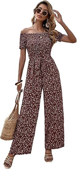 Floerns Women's Floral Off Shoulder Short Sleeve Shirred Belted Jumpsuits | Amazon (US)