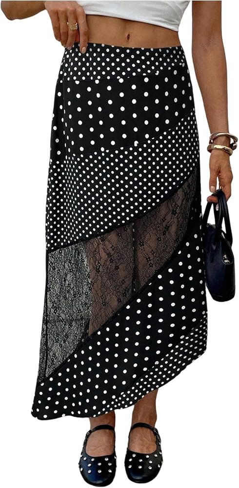 MakeMeChic Women's Summer Midi Skirts Boho Floral Lace Polka Dots Asymmetrical Ruffle Skirt | Amazon (US)