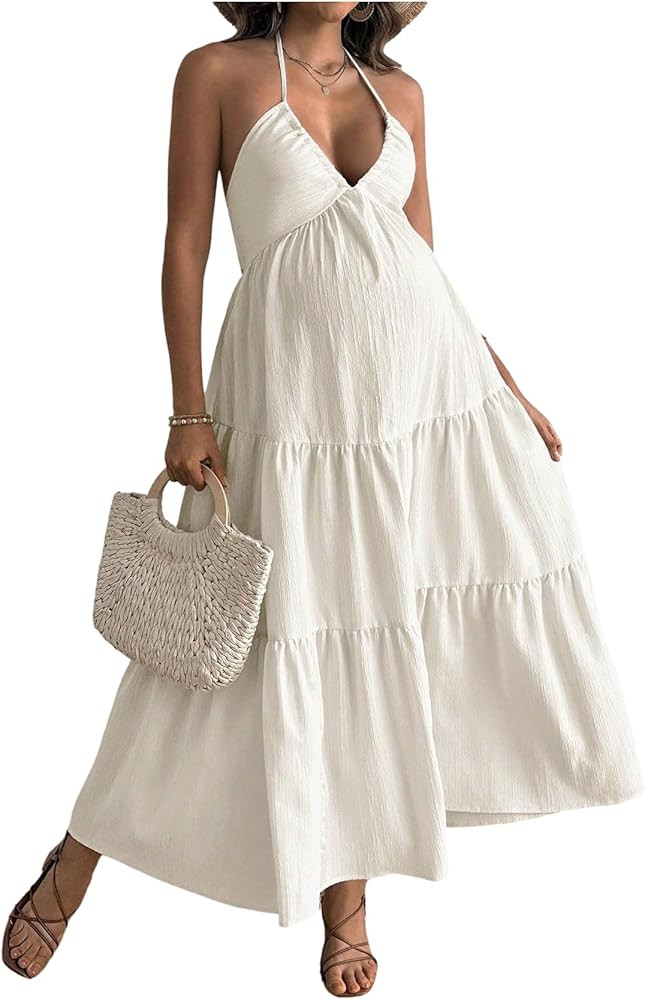 Milumia Women's Maternity Halter Maxi Dress V Neck Tie Backless Long Flowy Beach Vacation Summer Dresses | Amazon (US)
