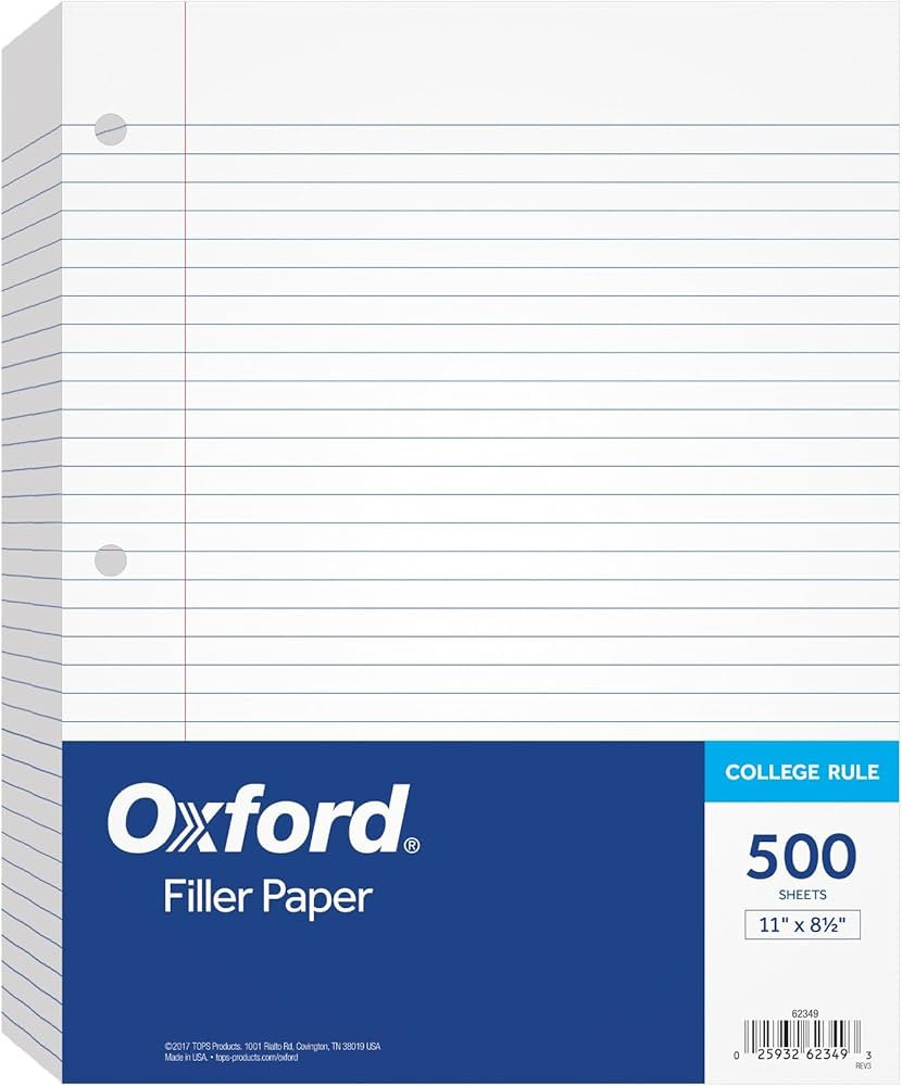 Oxford Loose Leaf Paper, 500 Sheets, College Rule Filler Notebook Paper, 8-1/2" x 11", 3-Hole Pun... | Amazon (US)